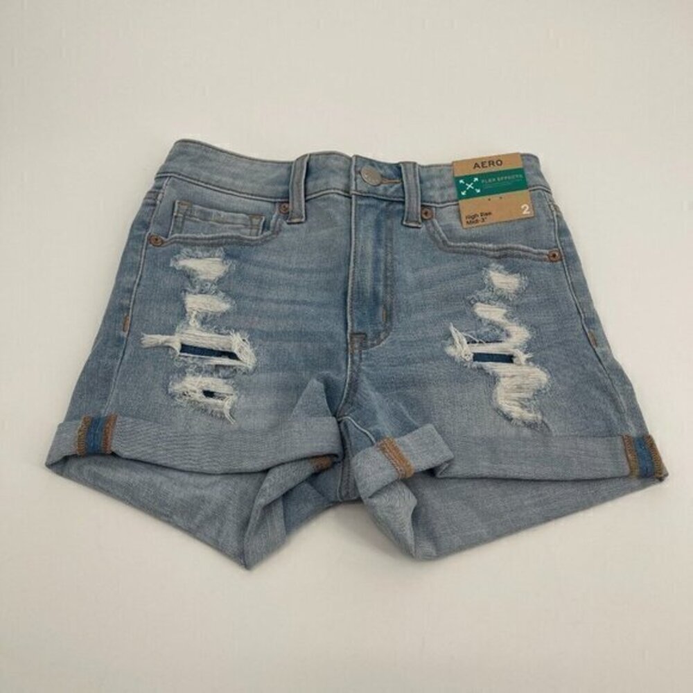 Aero Denim Shorts 2 Womens High Rise Midi Distressed Short Cuffed Preppy Blue